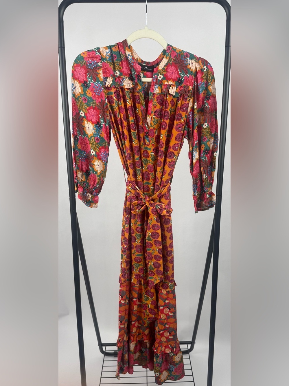 Emily Lovelock Georgette Floral Patchwork Belted Maxi Dress NWT Boho Sz 2-4 (XS) - Picture 3 of 6